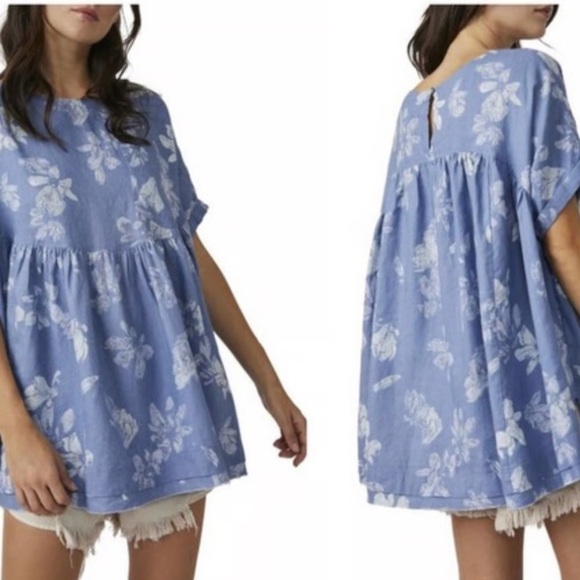 Free People Moon City Blue/White Floral Print Linen Blend Oversize Babydoll Top - Picture 3 of 12